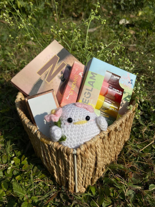 Handmade Crochet Plush Gift Basket with Beauty Essentials